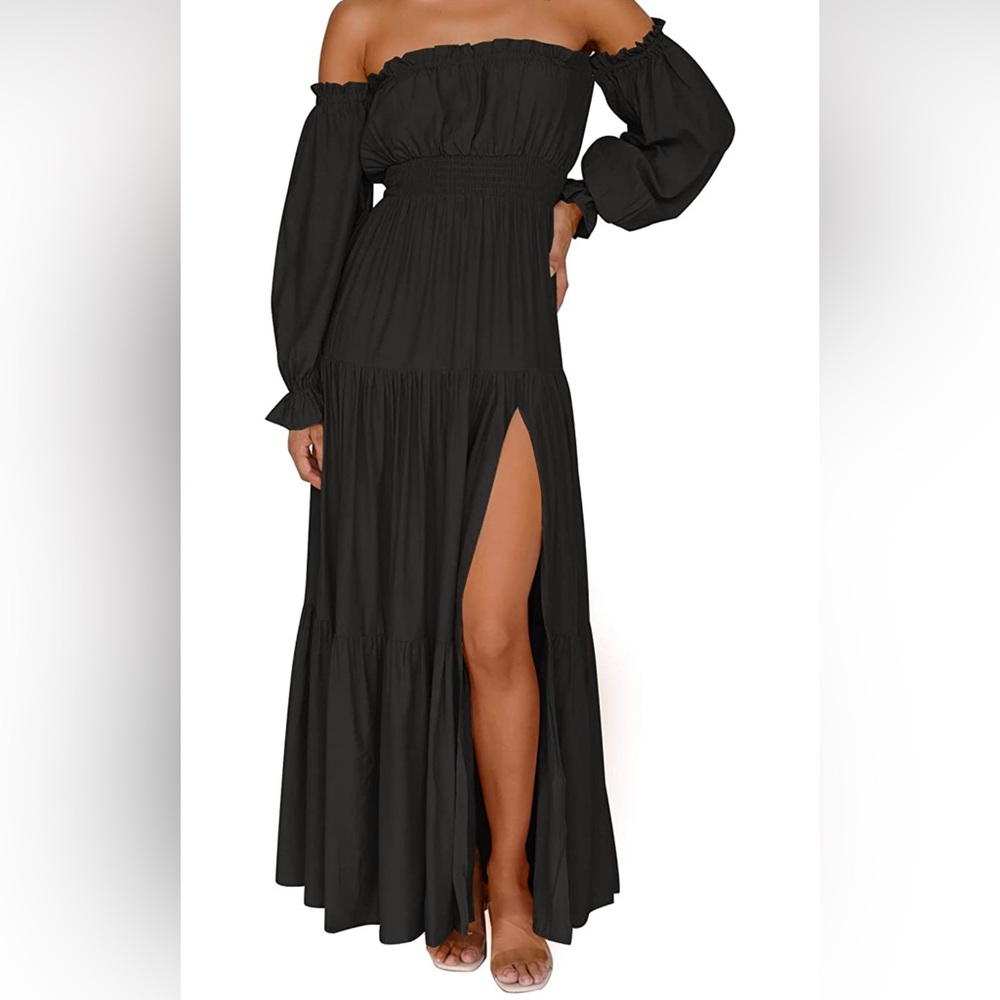 Off Shoulder Long Sleeve Smocked High Waist Side Split Flowy Long Maxi Dress